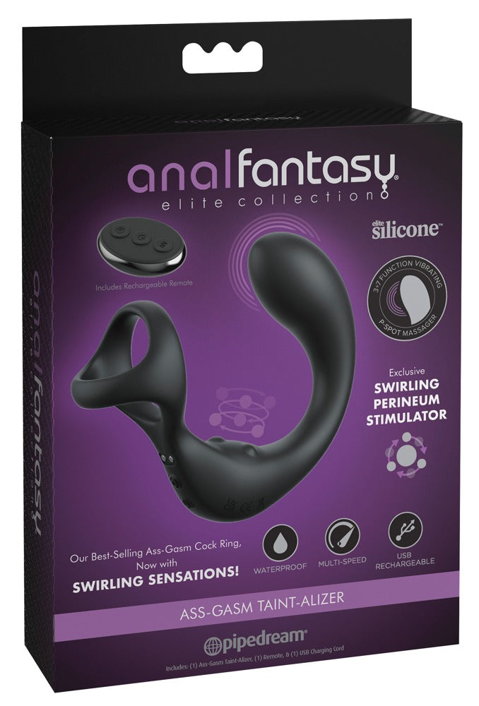 Anal Fantasy Elite Ass-Gasm Taint-Alizer in schwarzer Originalverpackung mit Produktabbildung und Funktionshinweisen