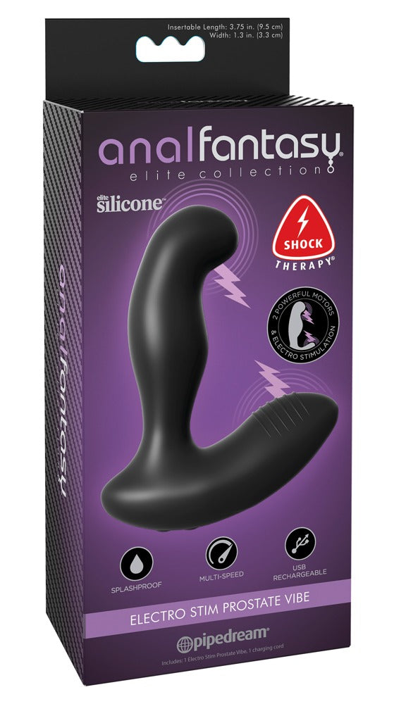 Anal Fantasy Elite Electro Stim Prostatavibrator in Schwarz in der Originalverpackung mit Produktabbildung und Funktionshinweisen