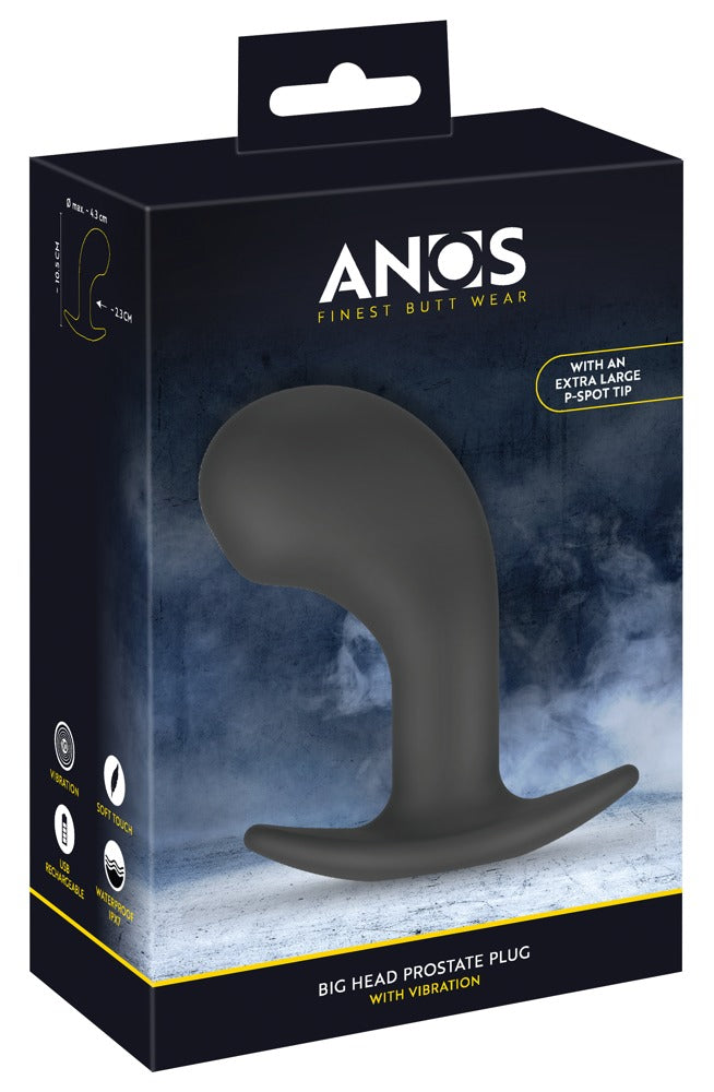 ANOS Big Head Prostate Plug in Schwarz – Produktansicht zusammen mit der schwarzen ANOS Verpackung