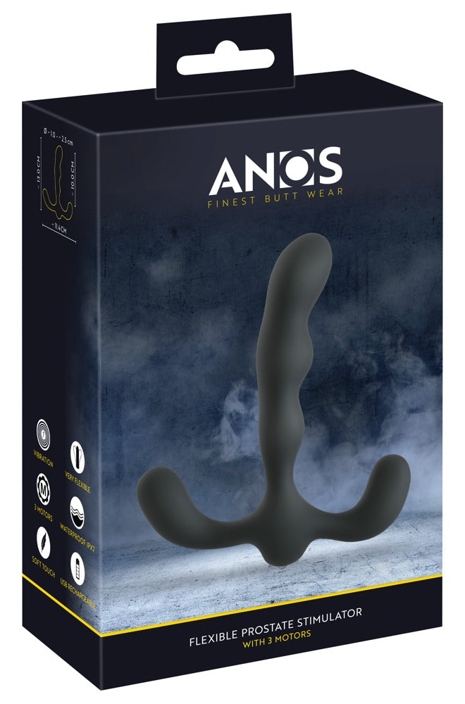 ANOS Flexible Prostate Stimulator in Schwarz – Produktansicht zusammen mit der schwarzen ANOS Verpackung
