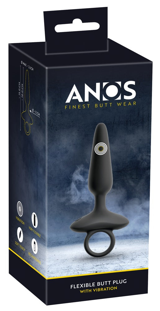 ANOS flexibler Analplug mit 10 Vibrationsmodi – Produktansicht zusammen mit der schwarzen ANOS Verpackung