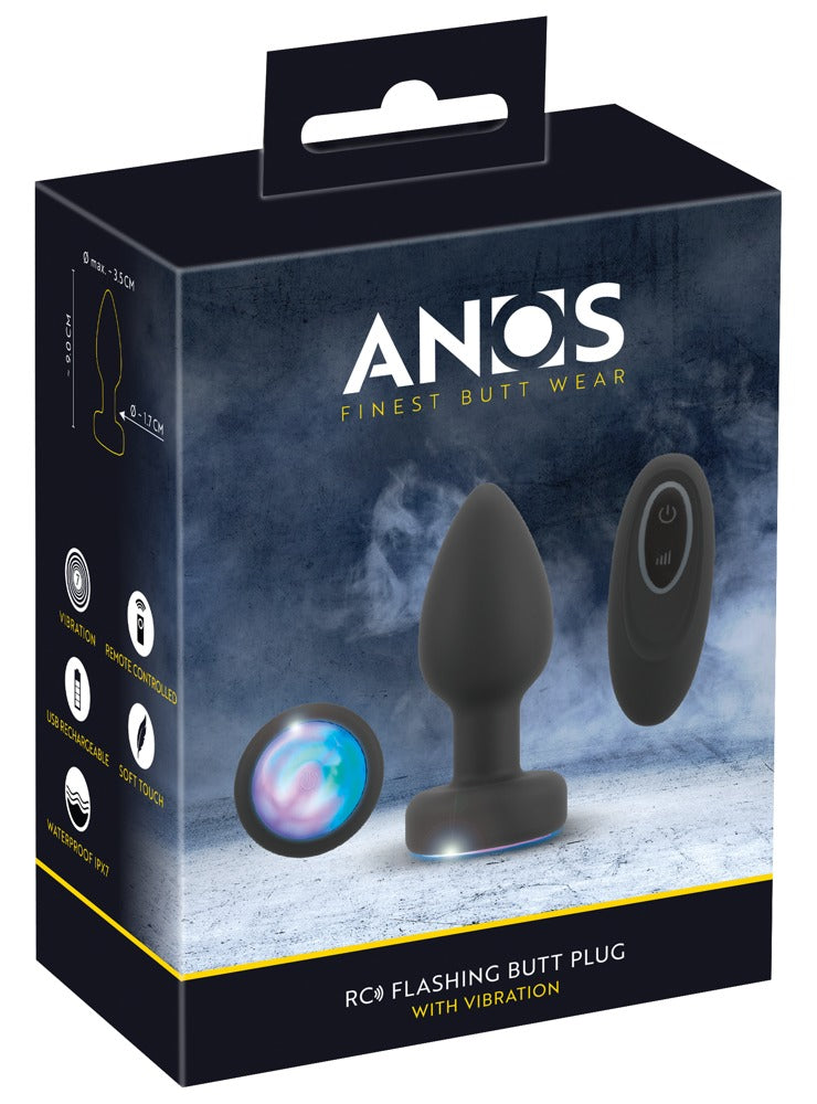 ANOS LED Analplug mit Vibration und Fernbedienung – Produktansicht zusammen mit der schwarzen ANOS Verpackung