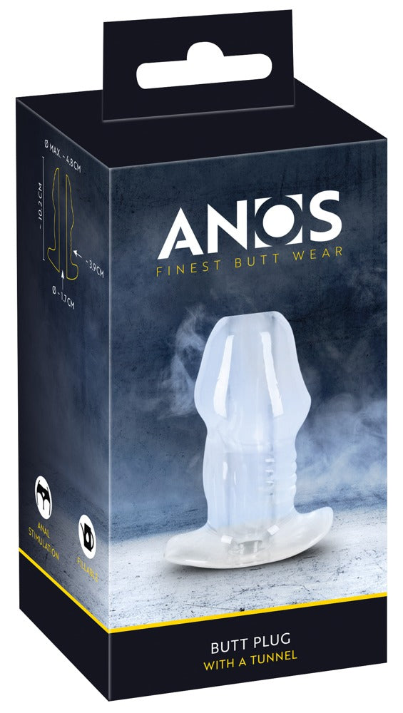 ANOS Tunnel Analplug mit offenem Kanal – Produktdarstellung zusammen mit der schwarzen ANOS Verpackung