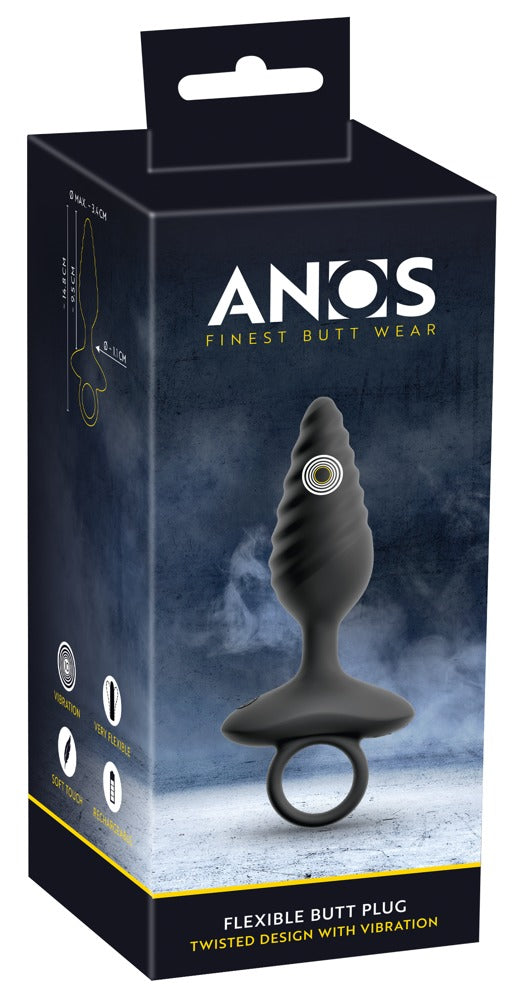 ANOS vibrierender Analplug mit Spiral-Design – Produktansicht zusammen mit der schwarzen ANOS Verpackung