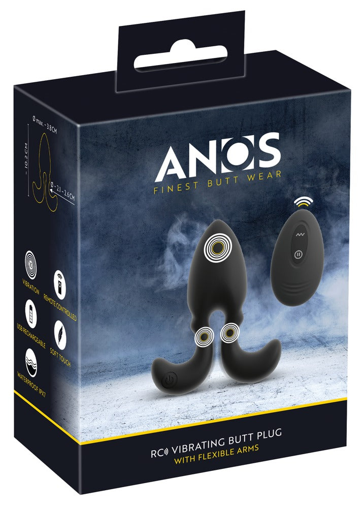 ANOS Vibro-Analplug mit Flexible Arms und Remote – Produktansicht zusammen mit der schwarzen ANOS Verpackung
