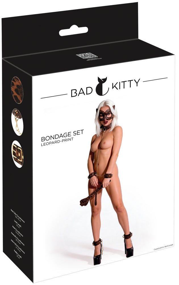Bad Kitty 6-teiliges Bondage-Set im Leo-Look – Produktverpackung mit Abbildung des Sets