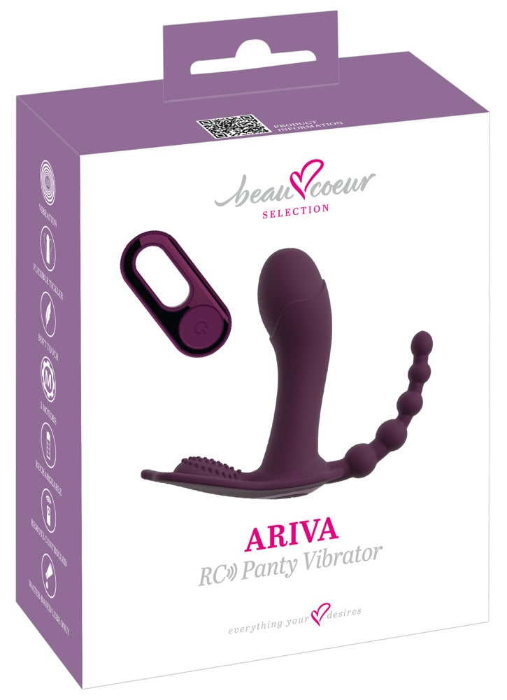 beau cœur ARIVA Triple Vibrator für Vagina, Klitoris und Anal – Produktansicht zusammen mit der violett-weißen Verpackung