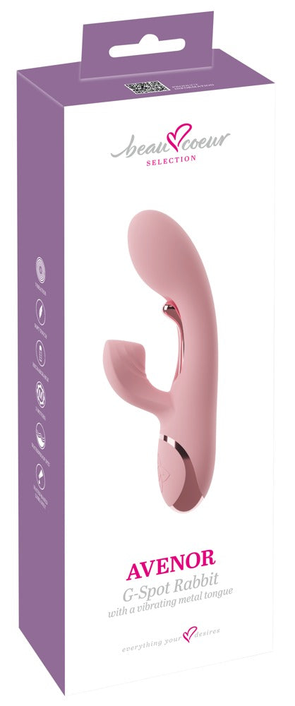 beau cœur AVENOR G-Spot Rabbit Vibrator in Altrosa – Produktansicht zusammen mit der violett-weißen Verpackung