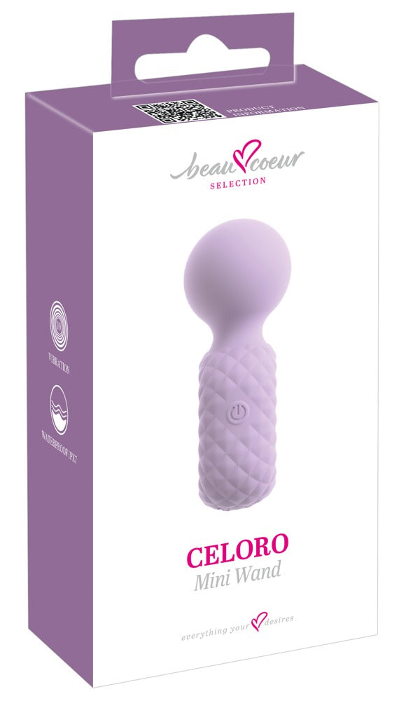 beau cœur CELORO Mini Wand mit 10 Vibrationsmodi – Produktansicht zusammen mit der violett-weißen Verpackung
