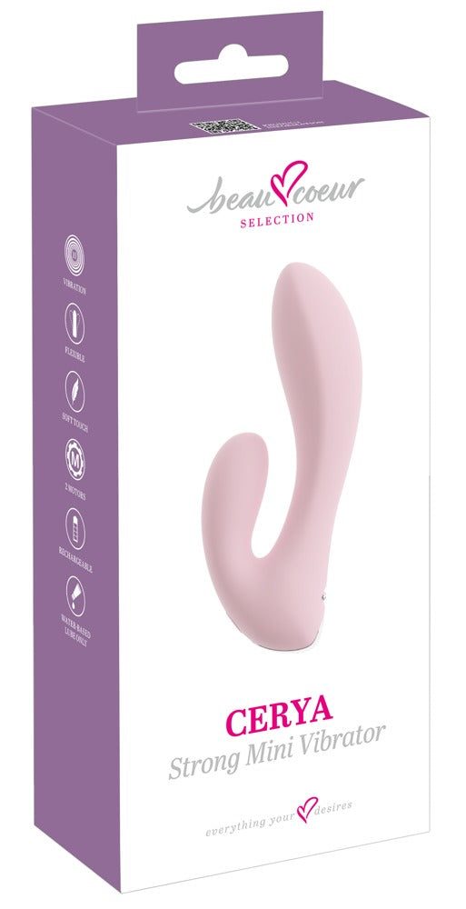 beau cœur CERYA Mini Rabbit Vibrator mit Dual-Vibration – Produktansicht zusammen mit der violett-weißen Verpackung
