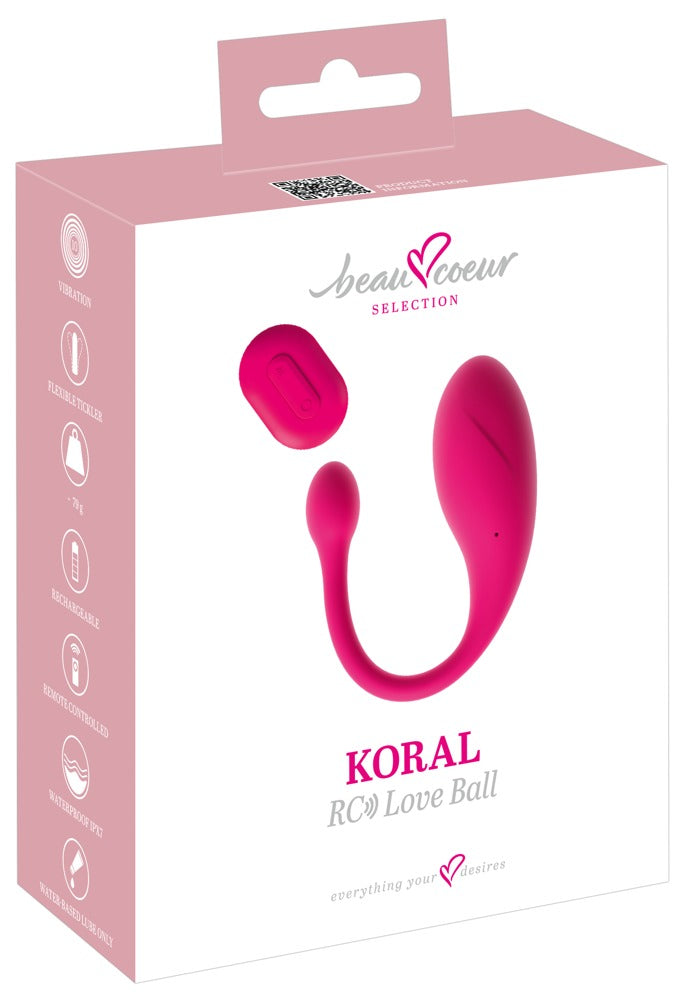 beau cœur KORAL Vibro-Liebeskugel mit Fernbedienung – Produktansicht zusammen mit der pink-weißen Verpackung