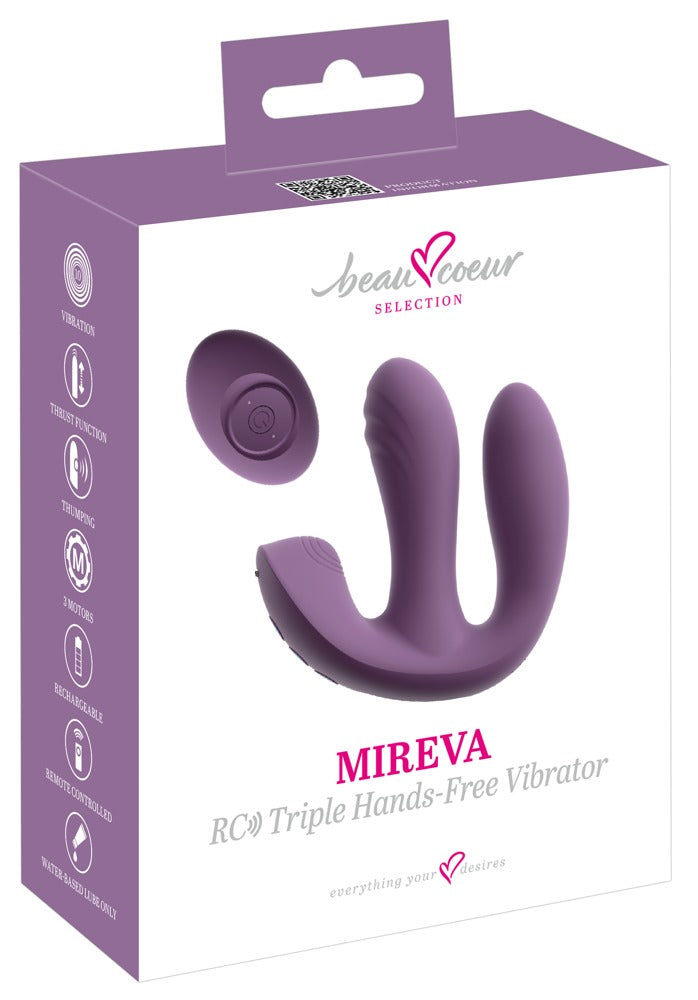 beau cœur MIREVA Triple Vibrator für dreifache Stimulation – Produktansicht zusammen mit der violett-weißen Verpackung