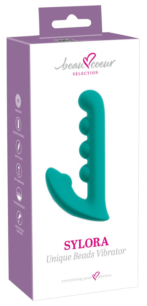 beau cœur SYLORA Rabbit Vibrator mit dynamischen Kugel-Vibes – Produktansicht zusammen mit der violett-weißen Verpackung