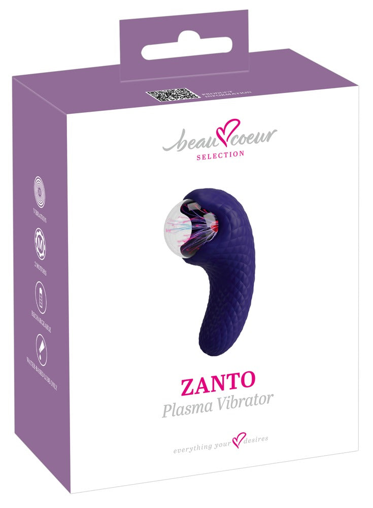 beau cœur ZANTO Plasma Vibrator mit Dual-Vibration – Produktansicht zusammen mit der violett-weißen Verpackung