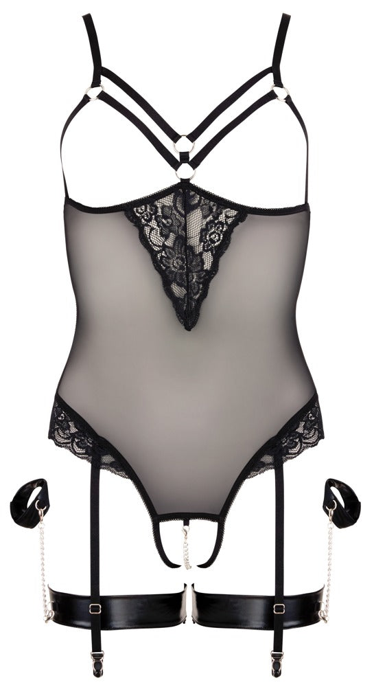 Freigestellte Vorderansicht des Cottelli BONDAGE Body aus Powernet und Spitze mit offenem Design