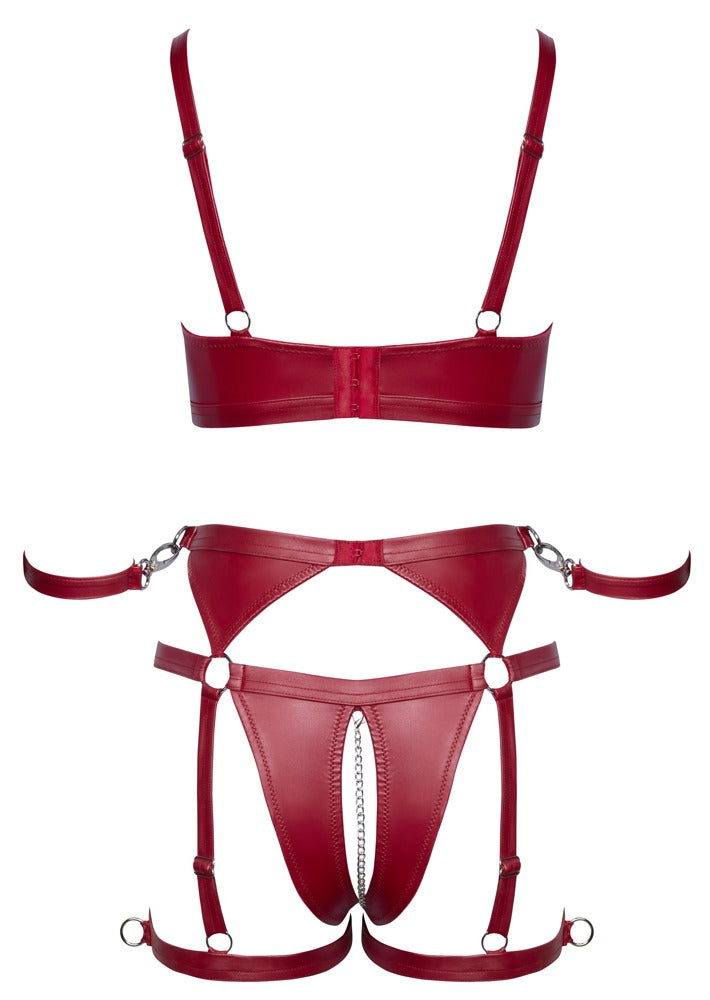 Flachliegende Produktansicht des Cottelli BONDAGE Sets im roten Mattlook mit verstellbaren Details