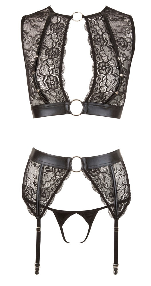 Freigestellte Vorderansicht des Cottelli BONDAGE Sets aus Wetlook und Spitze mit Top, Strapsgurt und String ouvert