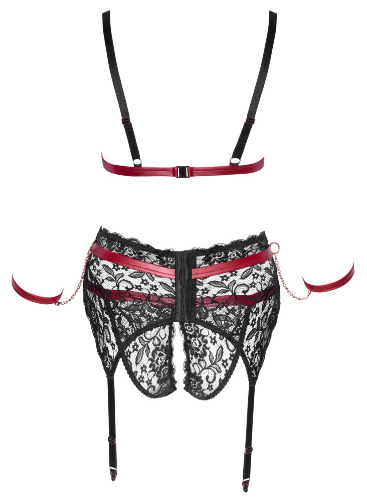 Cottelli BONDAGE Straps-Set Rückansicht mit Strapsgurt schwarzer Spitze und roségoldfarbenen Elementen