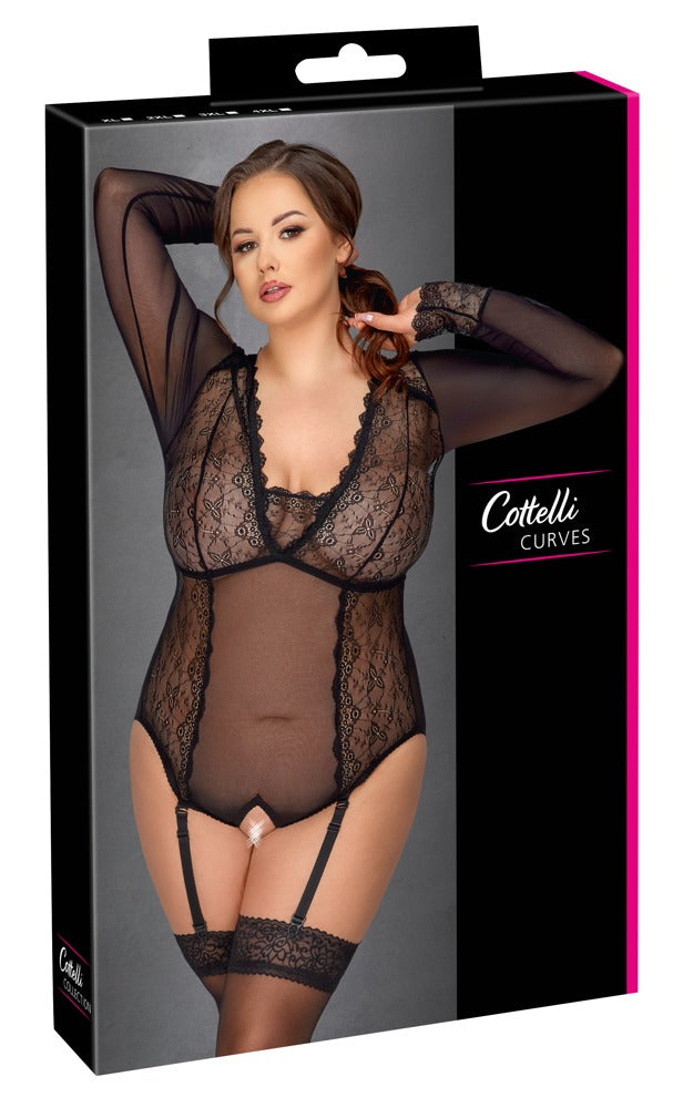 Cottelli CURVES Langarm-Body ouvert aus Powernet und Spitze in der Originalverpackung