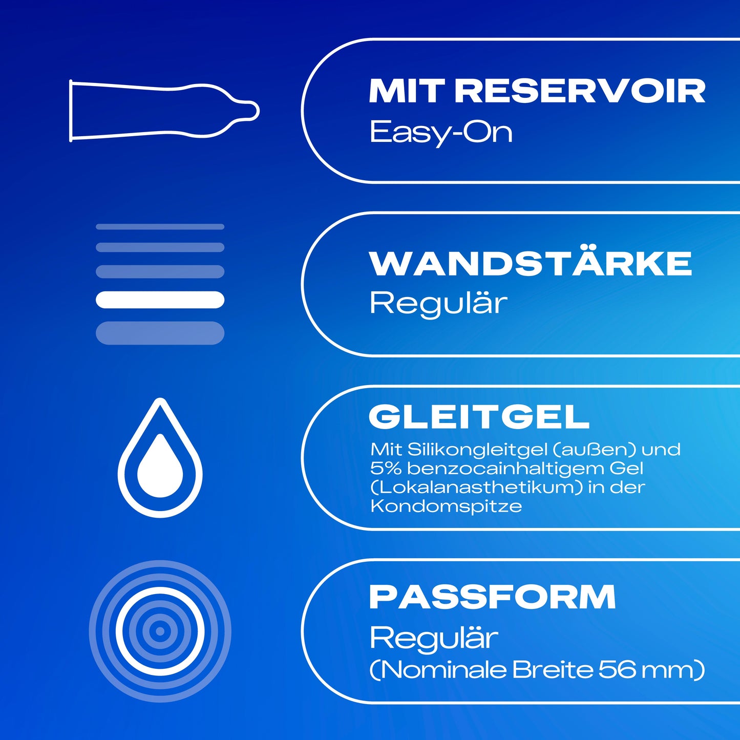 Durex Performa Kondome Produkteigenschaften mit Easy-on-Form, regulärer Wandstärke und 56 mm nominaler Breite
