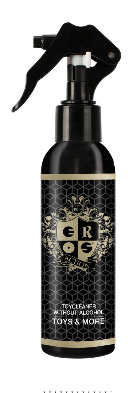 EROS Action Toycleaner ohne Alkohol – schwarze Sprühflasche mit Sprühkopf in frontaler Produktansicht