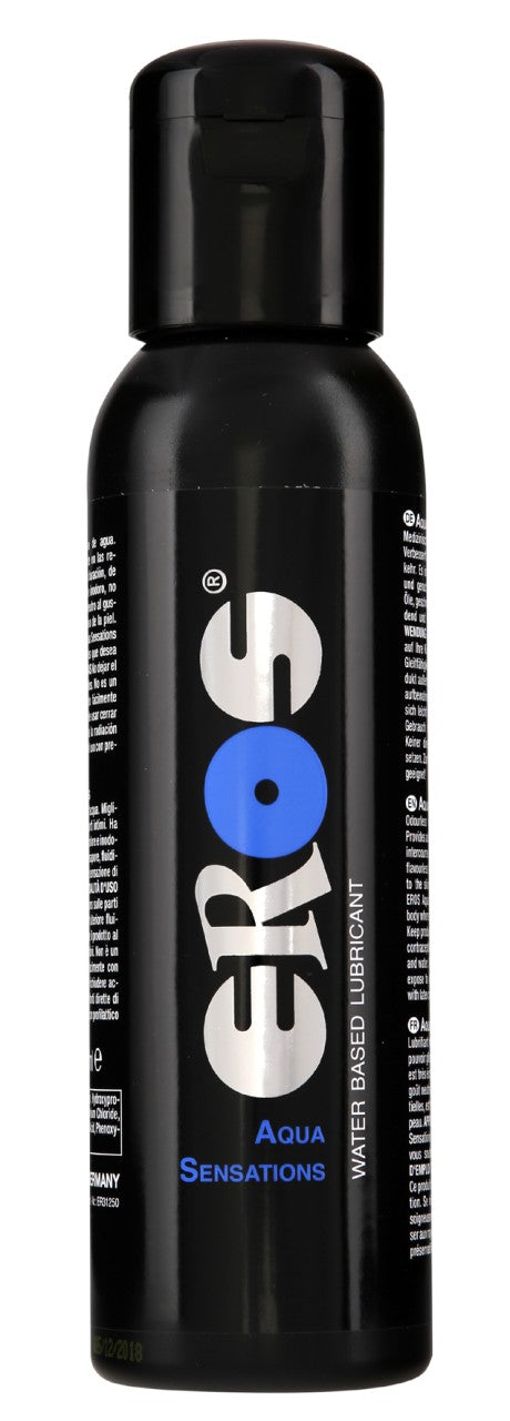 EROS Aqua Sensations Premium-Gleitgel – schwarze Flasche in rückseitiger Produktansicht