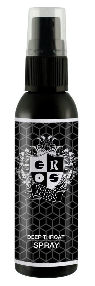 EROS Double Action Deep Throat Oralspray mit Minze – schwarze Sprühflasche in frontaler Produktansicht