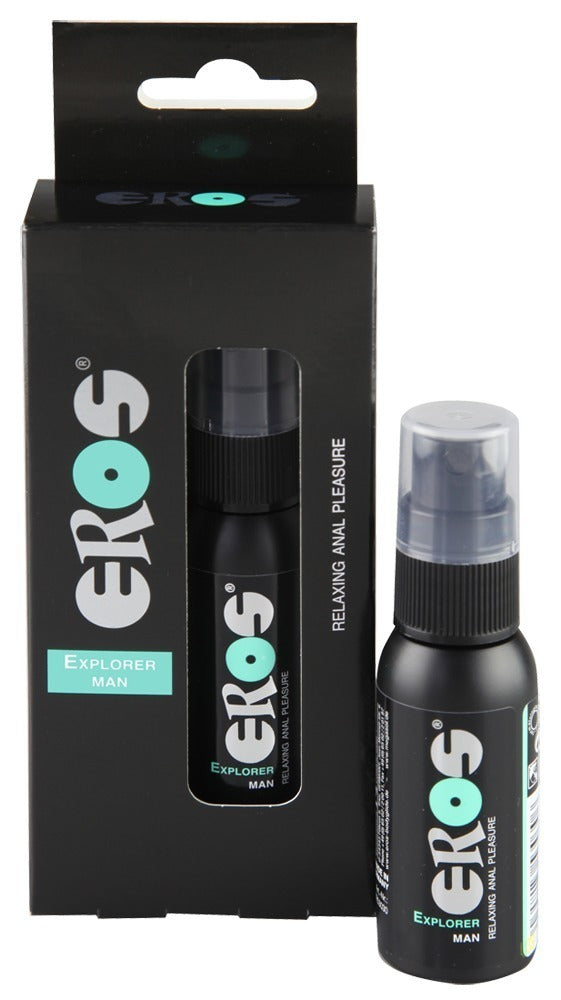 EROS Explorer Man pflegendes Anal-Spray mit Flasche und Originalverpackung in der Produktansicht