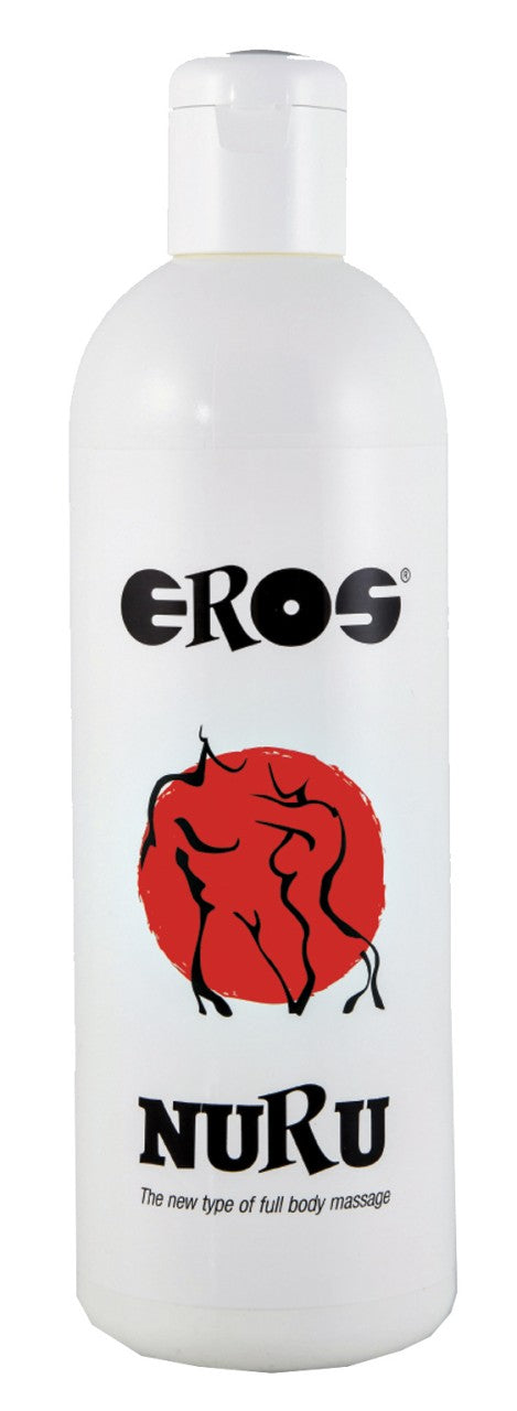 EROS Nuru Massagegel für sinnliche Body-to-Body-Massage – weiße Flasche mit Pumpverschluss in rückseitiger Produktansicht