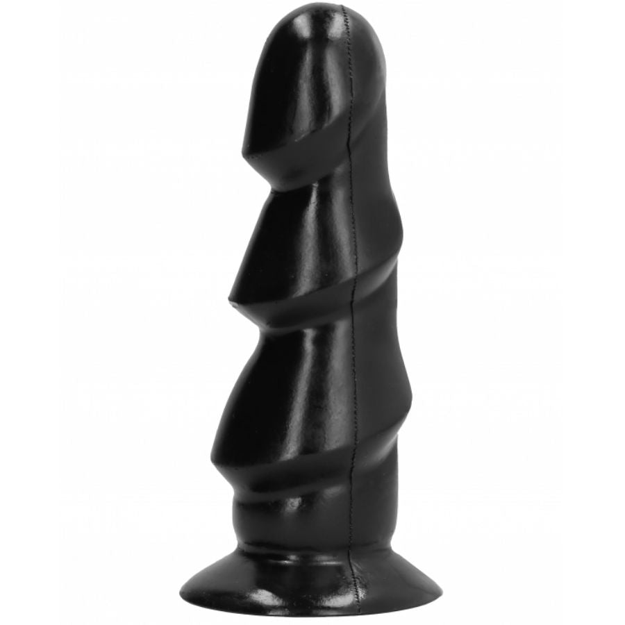 ALL BLACK 3-Waves-Dildo – schwarzer Dildo mit drei übereinander angeordneten, geschwungenen Verdickungen, glänzender Oberfläche und breiter runder Standbasis in frontaler Produktansicht auf weißem Hintergrund – erhältlich bei Evoria Care