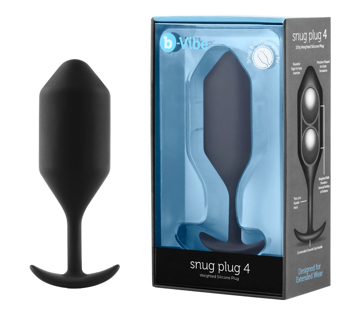 b-Vibe Snug Plug 4 – schwarzer gewichteter Analplug mit länglichem, konisch zulaufendem Silikonkörper, schmalem Hals und breiter T-förmiger Sicherheitsbasis neben der blau-schwarzen Originalverpackung mit Produktabbildung und b-Vibe Markenlogo – erhältlich bei Evoria Care