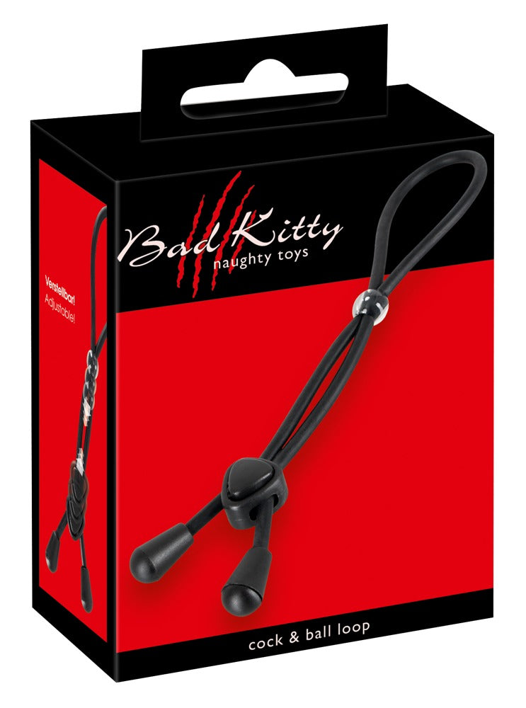 Bad Kitty Cock & Ball Loop verstellbare Penis-Hoden-Schlaufe in Schwarz, dargestellt in schwarz-roter Originalverpackung mit Bad Kitty Markenlogo in diagonaler Verpackungsansicht – erhältlich bei Evoria Care