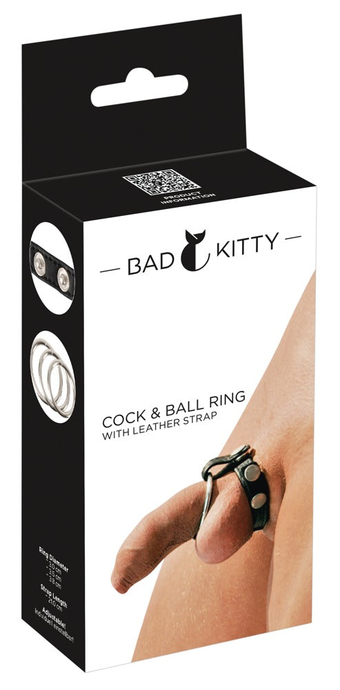 Originalverpackung des Bad Kitty Cock/Ball Rings mit drei Metallringen im schwarz-weißen Verpackungsdesign und Produktabbildung – erhältlich bei Evoria Care