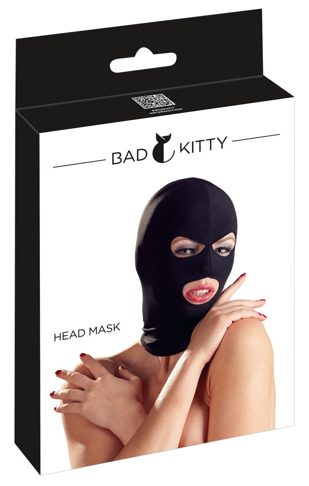 Bad Kitty anschmiegsame Kopfmaske für Rollenspiel und Bondage in Schwarz, dargestellt in schwarz-weißer Originalverpackung mit Porträtabbildung der Maske am Model und Bad Kitty Markenlogo – erhältlich bei Evoria Care