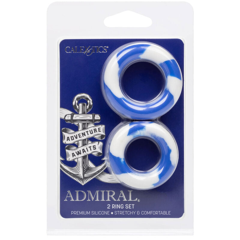 CalExotics Admiral Set mit 2 elastischen Silikon-Penisringen in Blau-Weiß in der Originalverpackung – erhältlich bei Evoria Care