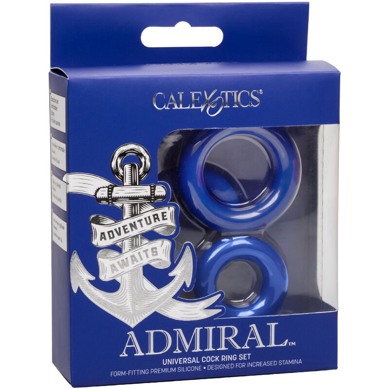 CalExotics Admiral Set mit 3 Silikon-Penisringen in Blau in abgestuften Größen in der Originalverpackung – erhältlich bei Evoria Care