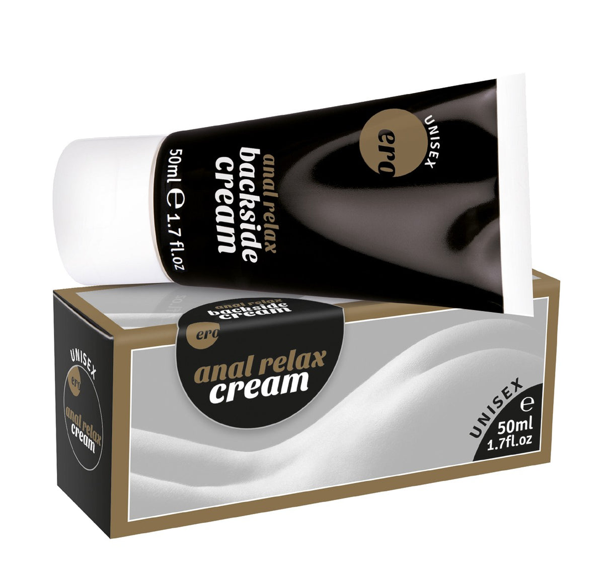 ERO by HOT Backside Anal Relax – schwarze Tube der Anal-Gleitcreme gemeinsam mit der schwarz-gold-weißen Originalverpackung mit Backside Cream Schriftzug in liegender Produktpräsentation auf weißem Hintergrund – erhältlich bei Evoria Care