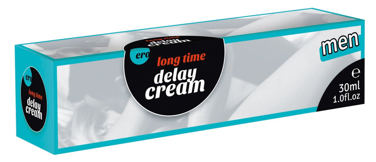 ERO by HOT LONG TIME DELAY – rechteckige Originalverpackung der Verzögerungscreme in Türkis, Weiß und Schwarz mit schwarzem Long Time Delay Cream Etikett, rotem Markenelement und türkisfarbenen Designdetails in schräger Produktansicht auf weißem Hintergrund – erhältlich bei Evoria Care