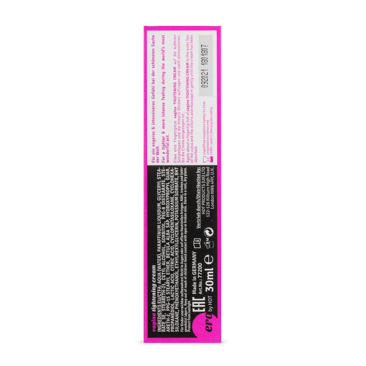 ERO by HOT VAGINA TIGHTENING XXS – schmale Seitenfläche der Originalverpackung mit pinkfarbenem Rahmen, schwarzem Informationsbereich und aufgedruckten Produktangaben in aufrechter Seitenansicht auf weißem Hintergrund – erhältlich bei Evoria Care