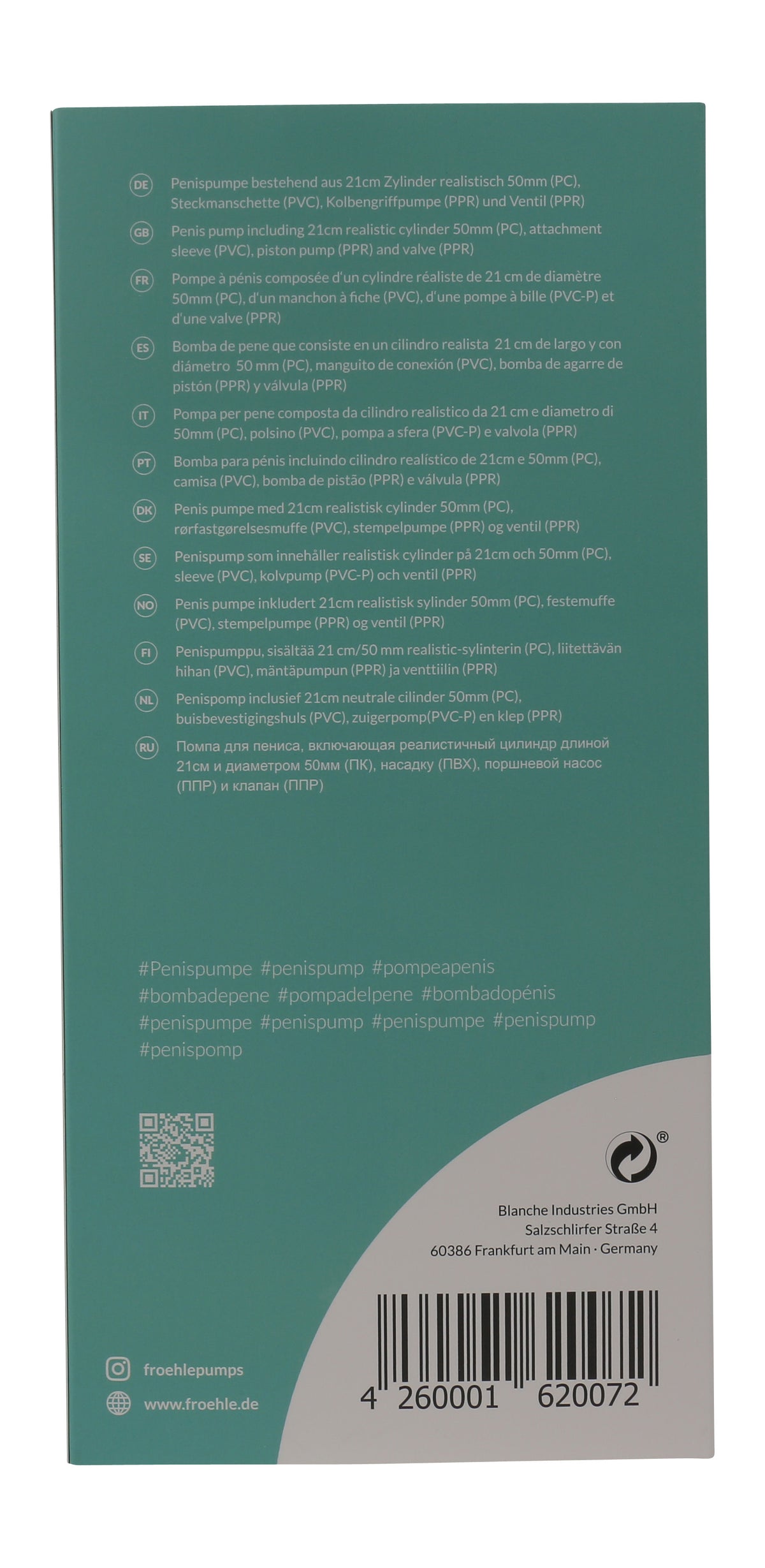 FRÖHLE Realistische Penispumpe Professional – grüne Verpackungsrückseite mit aufgedruckten Produktinformationen, Kennzeichnungen und Barcode – erhältlich bei Evoria Care