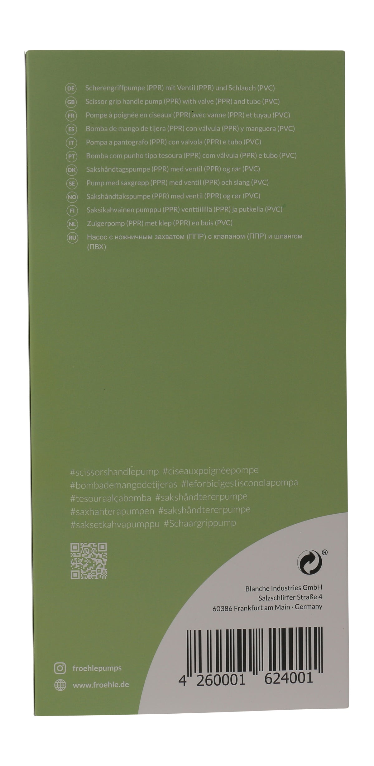 FRÖHLE Scherengriffpumpe – grüne Verpackungsrückseite mit aufgedruckten Produktinformationen, Kennzeichnungen und Barcode – erhältlich bei Evoria Care