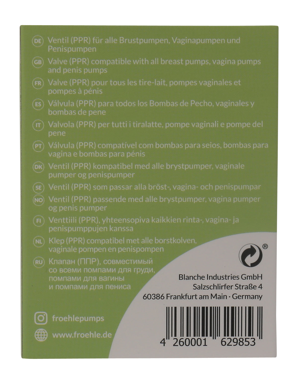 FRÖHLE Ventil – grüne Verpackungsrückseite mit aufgedruckten Produktinformationen, Kennzeichnungen und Barcode – erhältlich bei Evoria Care