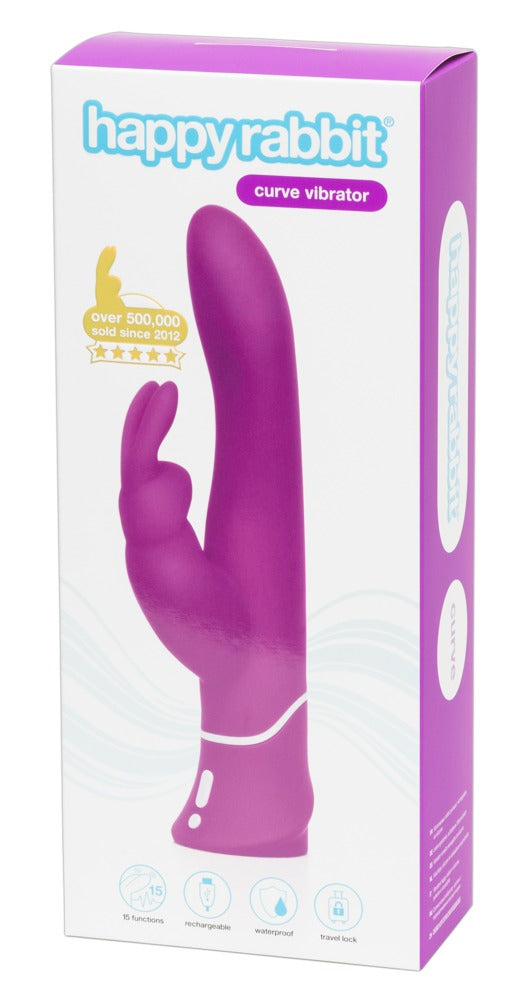Happy Rabbit Curve in Lila – G-Punkt-Vibrator mit Bunny-Klitorisreizer zusammen mit der Happy Rabbit Produktverpackung – erhältlich bei Evoria Care