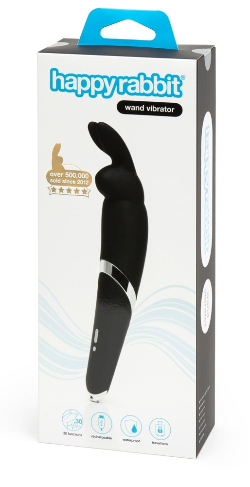 Happy Rabbit Wand Vibrator in Schwarz – Massagestab mit flexiblen Bunny-Öhrchen zusammen mit der Happy Rabbit Produktverpackung – erhältlich bei Evoria Care