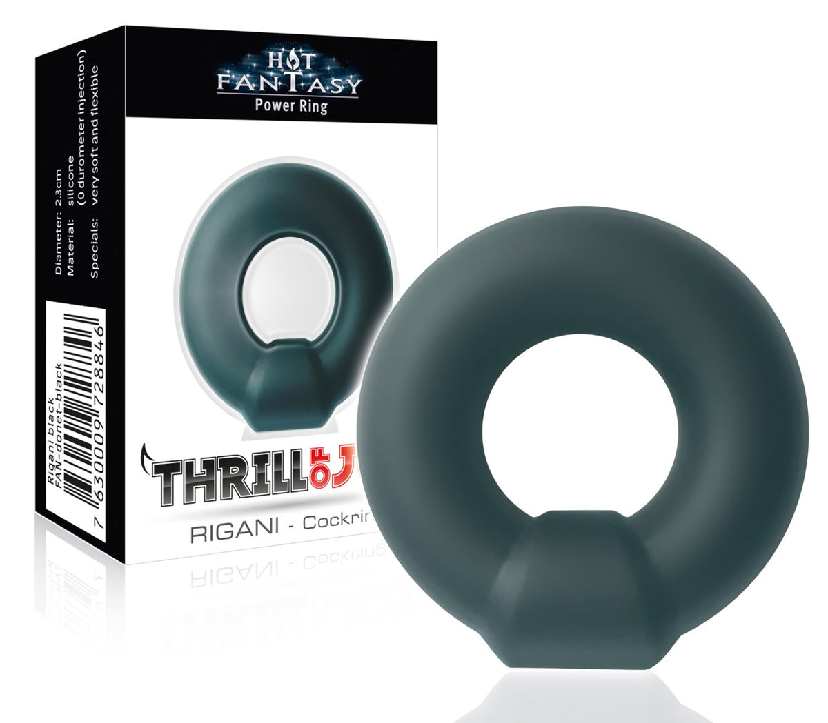 HOT FANTASY Thrill of Joy Power-Ring Type 1 schwarzer Penisring mit großer runder Öffnung, breiter abgerundeter Form und kleiner Verdickung an der Unterseite, dargestellt neben der schwarz-weißen Originalverpackung – erhältlich bei Evoria Care