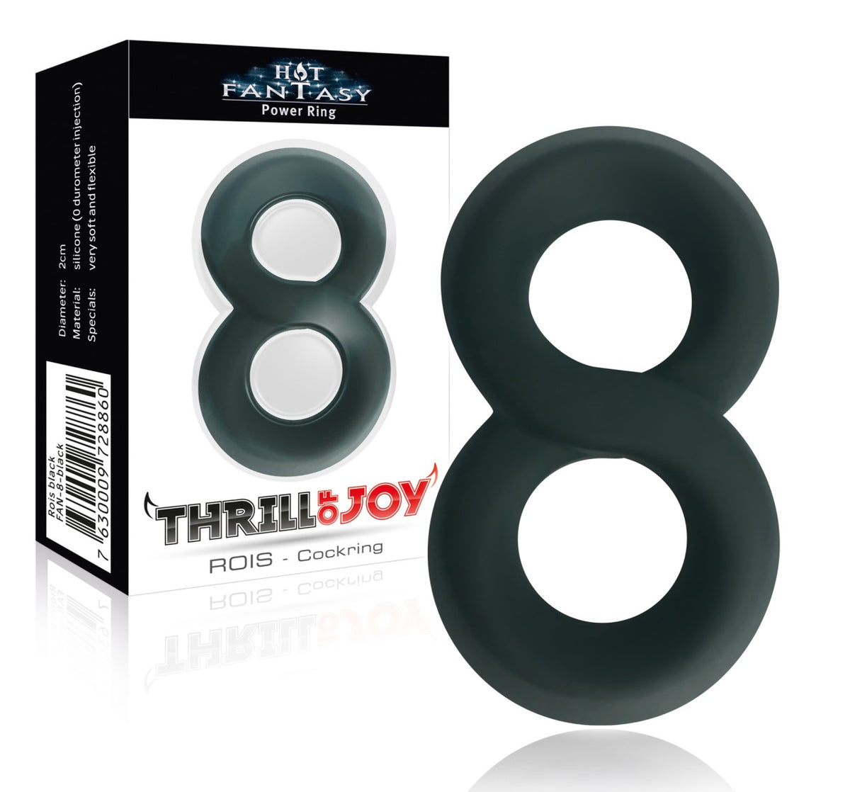 HOT FANTASY Thrill of Joy Power-Ring Type 3 schwarzer Doppel-Penisring in Achterform mit zwei übereinanderliegenden runden Öffnungen, breiten abgerundeten Rändern und glatter Oberfläche, dargestellt neben der schwarz-weißen Originalverpackung – erhältlich bei Evoria Care
