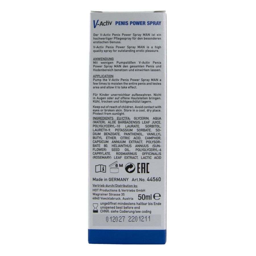 HOT V-ACTIV PENIS POWER – weiße Informationsseite der Originalverpackung mit mehrzeiligem Produkttext, aufgedruckten Angaben und blauem unteren Rand in aufrechter Detailansicht – erhältlich bei Evoria Care