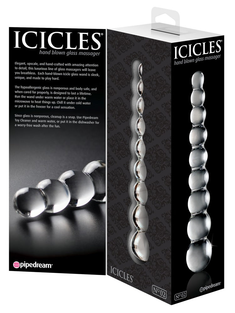 Icicles No. 2 Premium-Glasdildo in transparenter Ausführung mit neun unterschiedlich großen Reizkugeln, dargestellt auf der schwarzen Icicles Produktverpackung mit mehreren Produktansichten – erhältlich bei Evoria Care