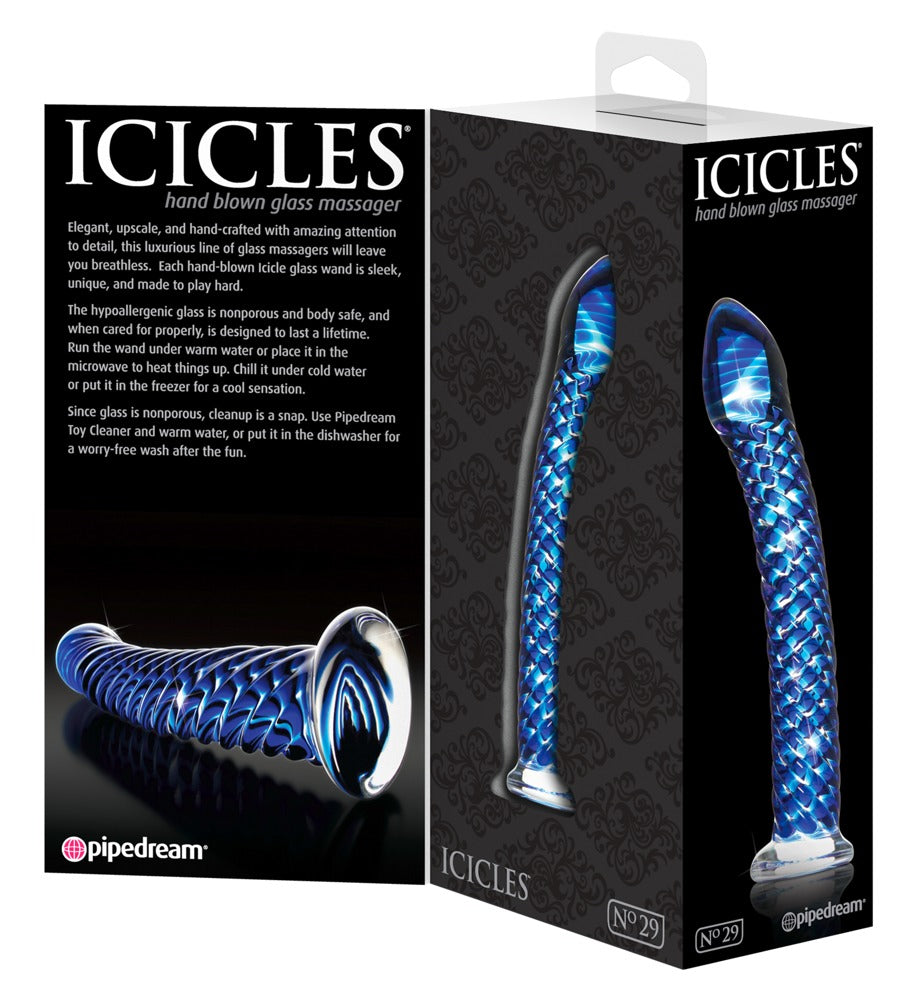 Icicles No. 29 handgefertigter Premium-Glasdildo in Blau mit strukturierter Oberfläche und schwarzer Icicles Originalverpackung in einer Produktübersicht – erhältlich bei Evoria Care