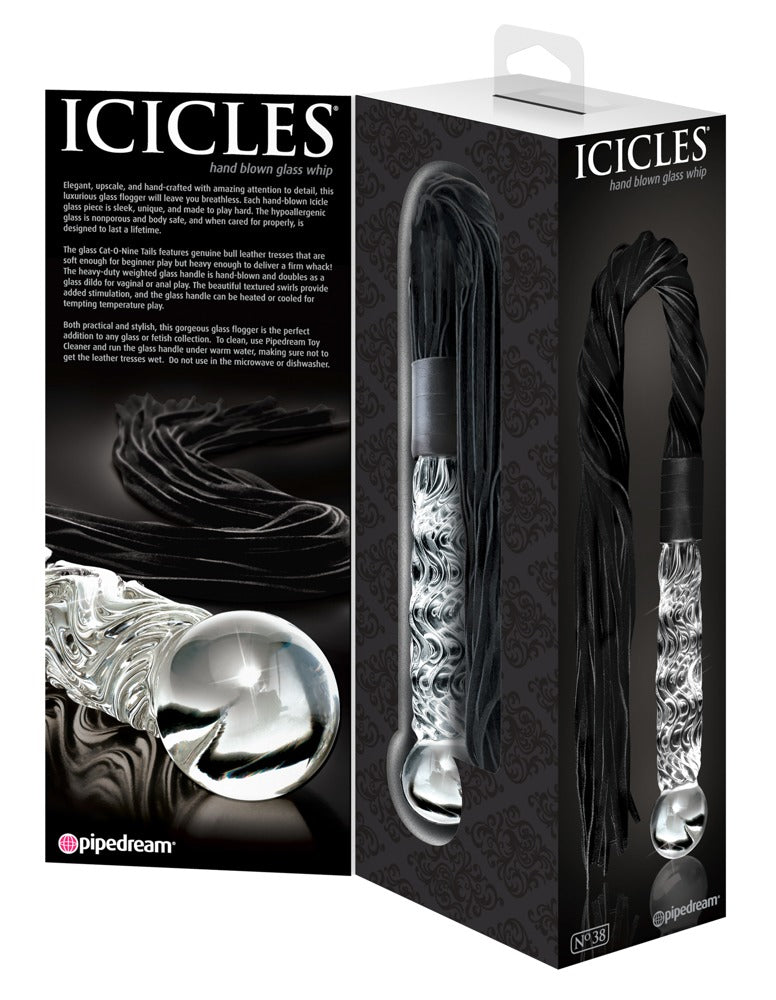Icicles No. 38 Premium-Glasdildo mit transparentem Glaskörper und schwarzem Leder-Flogger, dargestellt auf der schwarzen Icicles Produktverpackung mit Produktabbildungen – erhältlich bei Evoria Care